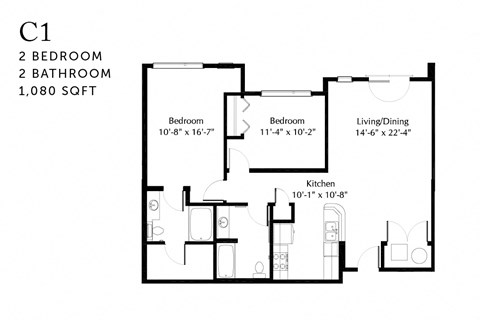 Floor plan for 2 beds, 2 baths, 1080 sqft